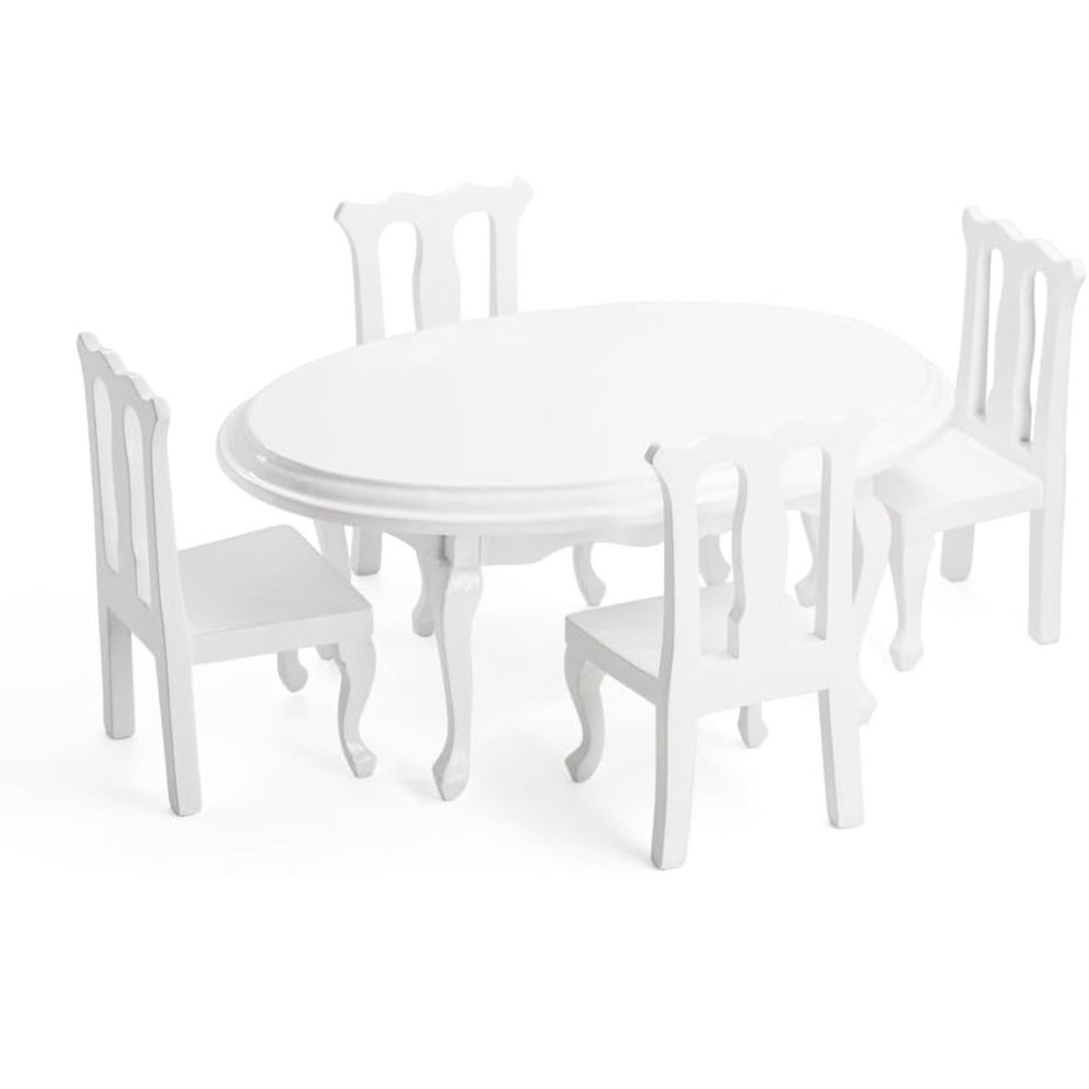 Miniature White Wood Dollhouse Dining Set‎ Oval Table 4 Chairs 1:12 Scale